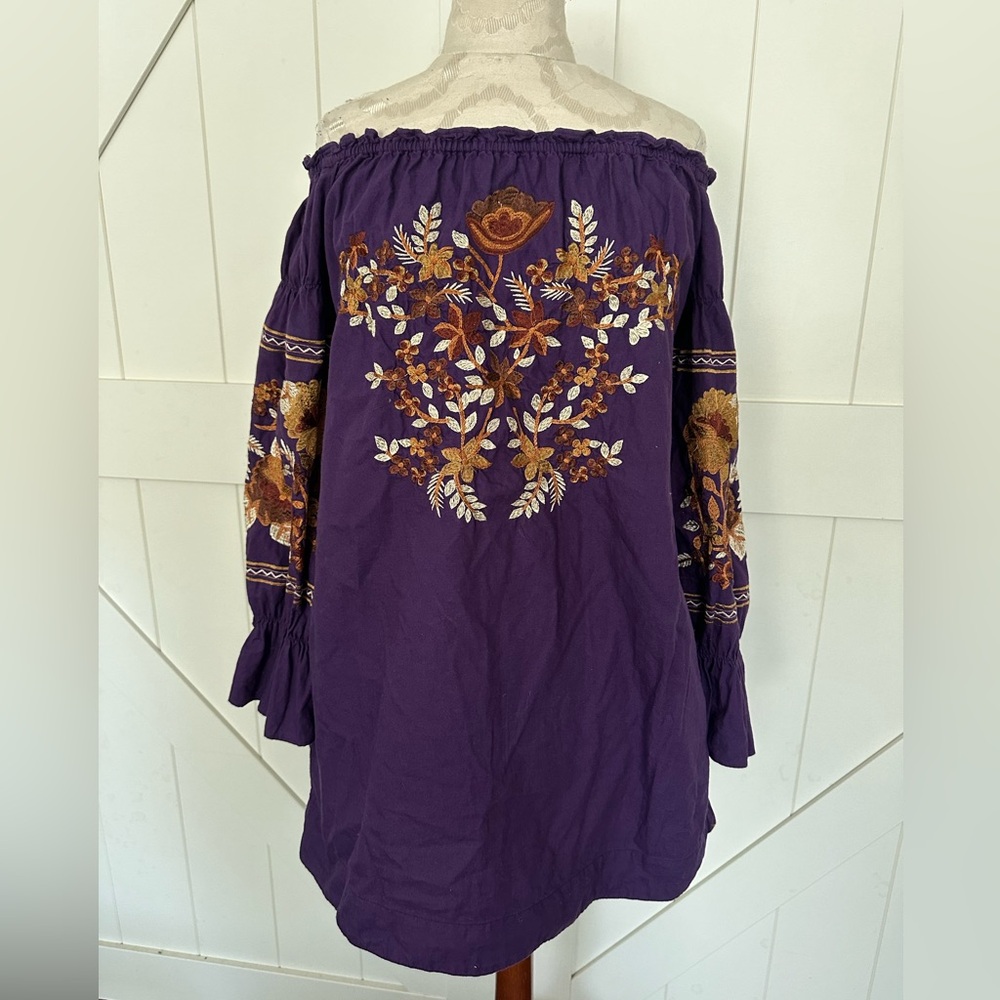 Extra small embroidered purple off the shoulder, free people dress with pockets